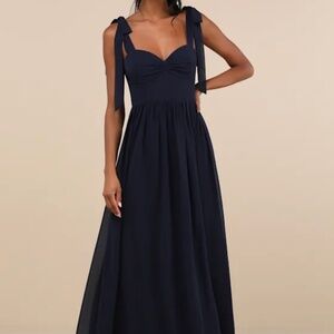 Lulus Radiant Charisma Navy Chiffon Ruched Tie-Strap Maxi Dress
